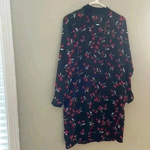 ❤️2/$30❤️[M]Cherry Print Black  V Neck Button LS Chiffon Tunic Blouse